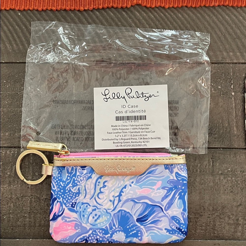 Lilly Pulitzer ID Case Keychain Wallet Card Holder Blue Pink‎ Gold, Fashion.